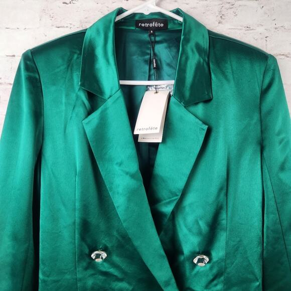 Retrofete Saige Double Breasted Blazer in Emerald Green Size Small NWT Satin - Picture 3 of 11